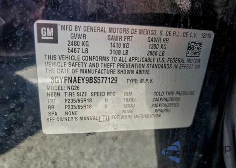 2011 Cadillac Srx Luxury Collection from USA, damaged, VIN 3GYFNAEY9BS577129